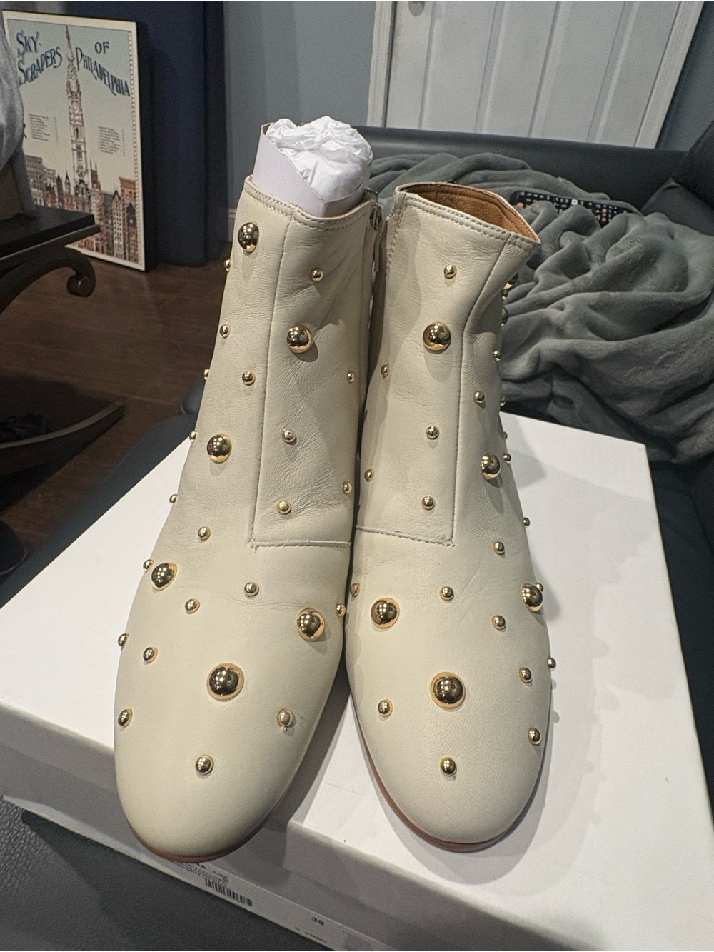 See By Chloé Ivory Leather Ankle Booties with Gold Studs